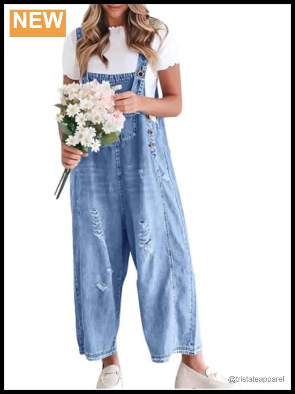 Womens Denim Bib Overalls Wide Leg Baggy Distressed Adjustable Strap